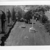 View of the gardens taken from the Bell Tower at Mission Santa Ines, California State Landmark #305 in Santa Barbara County