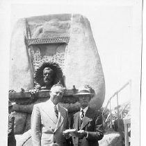 View of dignitaries attending the celebration of "Theordore Judah Day" at the Southern Pacific Depot. Posing in front of the Judah monument are on the left: Lt. Governor Goodwin J. Knight, and Len "doc" Kidder