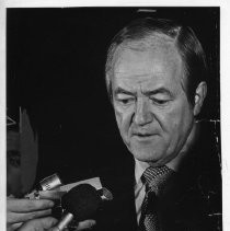 Hubert Humphrey, longtime U.S. Senator from Minnesota, 38th Vice President (under LBJ, 1965-1969), Democratic nominee for President, 1968. Here, he holds a news conference in the Firehouse Restaurant Courtyard