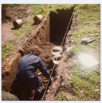 Photographs of landscape of Bolinas Bay. Archaeologist working in a trench