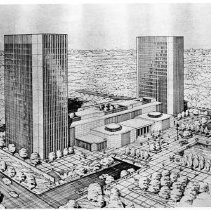 Copy print view of the architect's vision of twin-towers linked by legislative chambers on the California State Capitol grounds