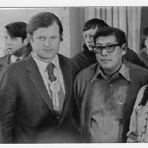 Senator Edward M. Kennedy, in Sacramento for hearings/training on Indians, with Merv Wright, center, and Chief Avery Winnemucca