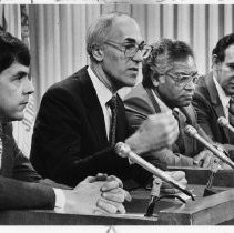 Bill Honig, second from left, announed appointments at a Sacramento Press Conference: From left, Don Spiech, communications director; Richard "Pete" Mesa, chief deputy superintendent; and Gilbert Marguth, deputy for internal management