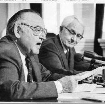 Governor Edmund G. "Pat " Brown, Sr. and (former) Legislative Analyst A. Alan Post briefing reporters on state's fiscal crisis and urge increases in various taxes to ease the budget deficit