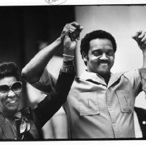 Jesse Jackson, the civil rights activist, founder of Rainbow/PUSH, and Baptist minister who ran for president in 1984 and 1988 and served as the first U.S. Shadow Senator from D.C. He is at a Capitol rally, with campaign chair Ass. Maxine Waters