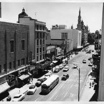 An elevated view of K Street looking east from 9th Street. The Fox Senator Theatre is on the right and the State Theatre is on the left with the Crest further up the street on the left