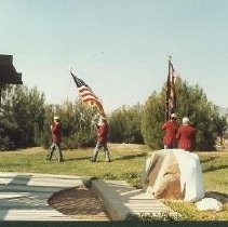 Walerga Park Plaque Dedication: Four JACLers in Red Coats Set Up Flags