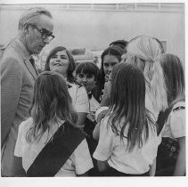 Richard H. Marriott, Mayor of Sacramento, 1968-1975. Here, Mayor Marriott (center) greets a group of Girl Scouts helping to count ballots on Election Day