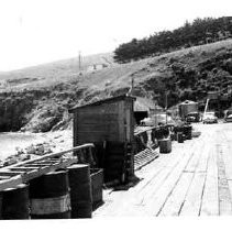 Drake's Bay. "Looking towards excavation of 1948 from end of wharf. - possible Drake landing site."