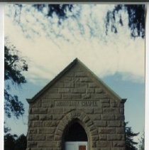 Exterior view of the Sacramento City Cemetery Mortuary Chapel and Archives Office on the grounds of the cemetery