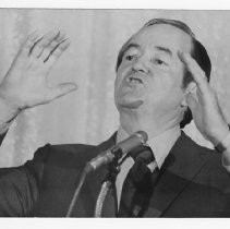 Hubert Humphrey, longtime U.S. Senator from Minnesota, 38th Vice President (under LBJ, 1965-1969), Democratic nominee for President, 1968, in Sacramento, speaking at a microphone and gesturing