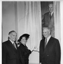 View from the left: Governor Goodwin Knight, Mrs. Nina Warren and Chief Justice of the United States, Earl Warren at the dedication of Warren's portrait in the California State Capitol building