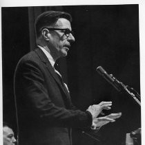 John Kenneth Galbraith, former ambassador to India delivers a speech to the California Democratic Council Convention