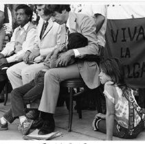 Tom Hayden (Thomas E. Hayden), antiwar and civil rights activist, at UC Davis with Cesar Chavez, his son Troy Garity, and Jane Fonda's daughter Vanessa Vadim