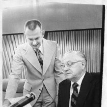 Harold T. "Bizz" Johnson, California state senator (1948-1958) and U.S. Congressman (1958-1981). Here, he is with the new Regional Director of the U.S. Bureau of Reclamation (Billy Martin, standing)