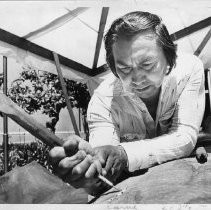 Walter Harris, shown at work. He is an Indian (born in Canada) woodcarver and jewelry maker