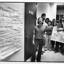 Andy Noguchi (foreground of group of demonstrators) presents demands opposing the Bakke affirmative action court decision