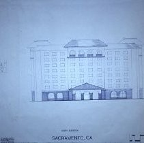 Rendering for the docks hotel, Embassy Suites hotel on the waterfront in Old Sacramento