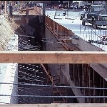 View of the construction site for Weinstock's Department Store on the K Street Mall or Downtown Plaza