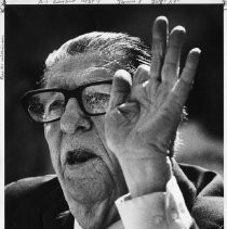 Howard Jarvis, businessman, lobbyist and anti-tax advocate behind Proposition 13, shown here gesturing, in closeup