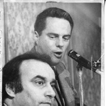 Herb Hafif, attorney and later candidate for California Governor in the Democratic Primary in is foreground; John G. Ryan is behind him. They are speaking to the Comstock Club