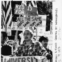 Demonstrators at UC Davis protest three speakers: Jane Fonda, Tom Hayden and Cesar Chavez