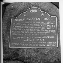 View of the plaque for the meadow that became a city park marking the Noble Emigrant Trail in Susanville, California State Landmark #675 Lassen County