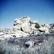 Slides of California Historical Sites. Dr. Clement Meighan at Indian site, San Carlos Pass, Riverside County, Calif