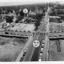 An elevated view of K Street at 4th Street between 3rd and 5th Streets