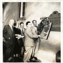 Photographs from the Charles Krug Winery Historical Marker unveiling. L-R: Joseph Knowland, Ivy Loeber, Aubrey Neasham, Peter Mondavi, Robert Mondavi. Oct. 5, 1957