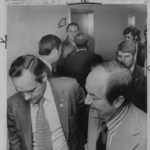 Hubert Humphrey, longtime U.S. Senator from Minnesota, 38th Vice President (under LBJ, 1965-1969), Democratic nominee for President, 1968. Here, he was walking down a corridor in the Capitol as Secret Service questions a man (Michael Palcic) nearby