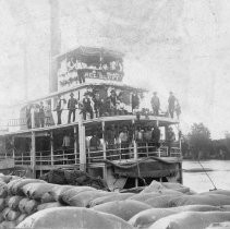 Steamship Red Bluff, bags of grain in foreground