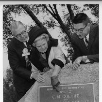 Carl Buchheister, President of the National Audubon Society, and two unidentified people at dedication of a memorial to C.M. Goethe (died July 1966) and wife Mary Glide Goethe (died 1945)