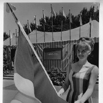 Sheri Kurk (Miss Sacramento, 1966) next to the the tent at the Music Circus, promoting the upcoming production of Carousel and an upcoming cultural exchange tour