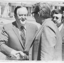 Hubert Humphrey, longtime U.S. Senator from Minnesota, 38th Vice President (under LBJ, 1965-1969), Democratic nominee for President, 1968, in Sacramento, shaking hands with unidentified man