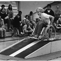 Dave Kiley competing in an obstacle course at Sacramento City College, in his wheelchair