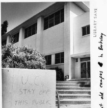 Exterior view of the California School for the Blind's old campus in Berkeley showing graffitti at the campus
