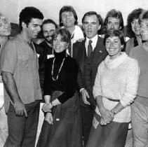 California Governor Edmund G. Brown Jr. is flanked by actress Jane Fonda, singer Helen Reddy and members of the rock group Chicago who performed recently at a fund raising concert