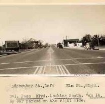 "Del Paso Blvd. Looking south. Jan 14, 1940. My car parked on the right side. Edgewater St., left, Elm St., Right."