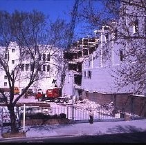 View of the Downtown Plaza site at 6th and K Streets showing Breuner's Furniture Store during demolition