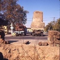 Old Sacramento. View of the Theodor Judah Statue on a plaza at 2nd and L Streets. This view shows the installation of the statue