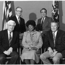 View of California State Lottery Commissioners: Back row, standing (from left) Dr. William Johnston, Kennard Webster. Seated (from left) Howard Varner, Chairman; Laverta Montgomery, and John Price