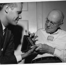 C.M. Goethe and Christian Nelson (left). Nelson (former director of Sacramento Junior Museum) is presenting Goethe with the William T. Hornaday memorial gold medal for his "contributions to humanity."