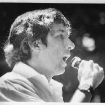 Tom Hayden (Thomas E. Hayden), antiwar and civil rights activist, speaking in Capitol Park, Sacramento. He was a candidate for U.S. Senator from California (Democratic primary)