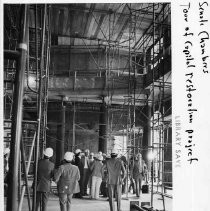 View of the California State Capitol restoration project. Visitors tour the State Senate Chambers