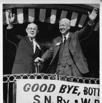 Rex T. Kearney, left, President of the Sacramento Northern Railway Company and Frederic Whitman, President of the Western Pacific Railroad Company waved to the wellwishers on the last trip over the Tower Bridge in 1962