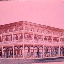 Old Sacramento historic building renderings. View of the Heywood building on the northwest corner of 2nd and J Streets