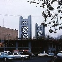 View of the South Parking Garage in Old Sacramento. Tower Bridge is in the background