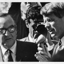 Senator Robert F. Kennedy (D-NY) in Sacramento, campaigning for Gov. Pat Brown outside the Sacramento City College gym