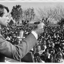 Senator Robert F. Kennedy (D-NY) campaigning for president, making a speech in support of UFW